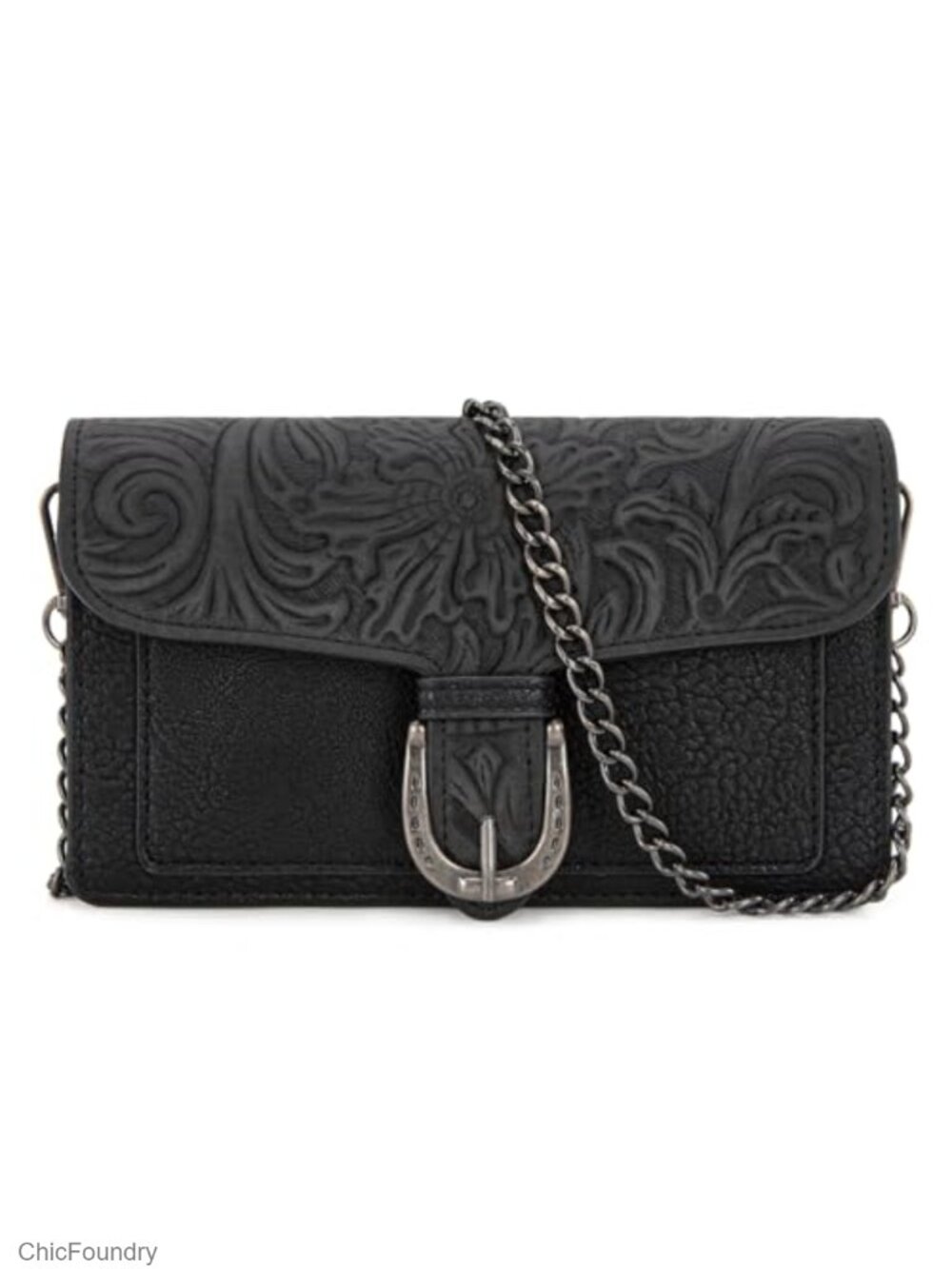 Faux Leather Western Crossbody Bag with Chain Strap and Card Slots